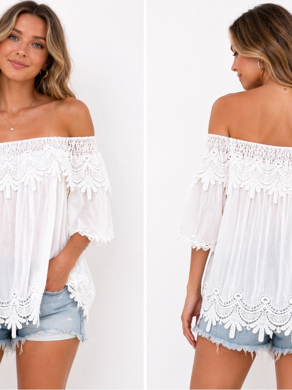 VIVID NY White Off Shoulder Boho Top Small Smocked Crochet Lace Peasant Blouse